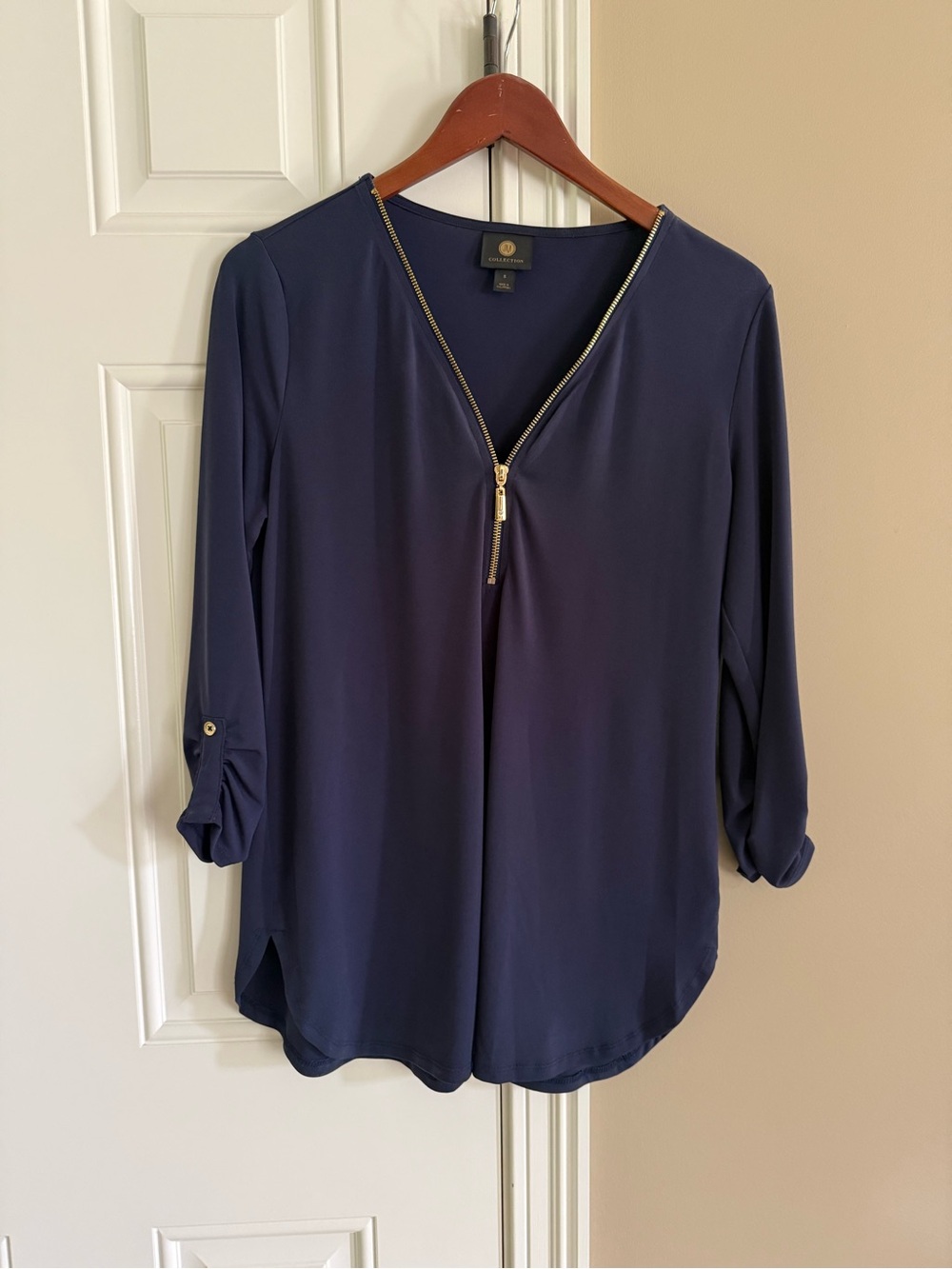 JM Collection Navy Blouse with Gold Zip Front
